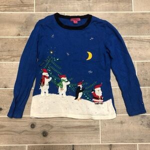 Blue Holiday Sweater with Festive Design